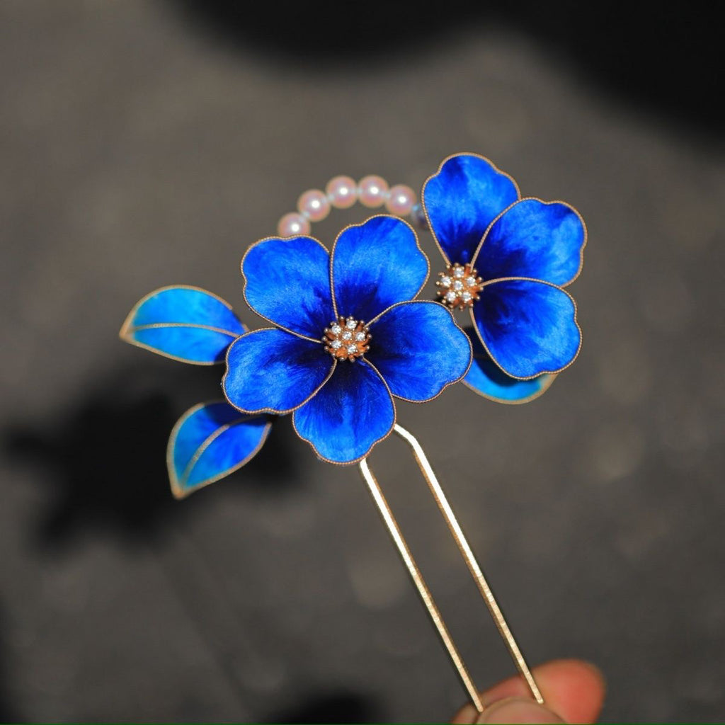 Premium Navy Blue Velvet Floral Hair Fork - Minimalist Artisan Jewelry for Sophisticated Daily Luxury
