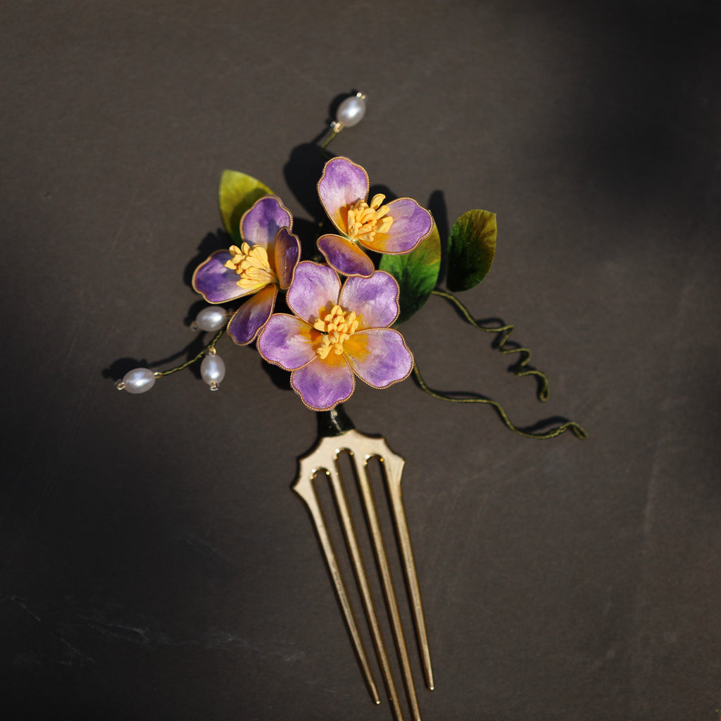 Handmade Silk Velvet "Purple Bloom" Hair Stick - Artisan Filigree Jewelry for Weddings