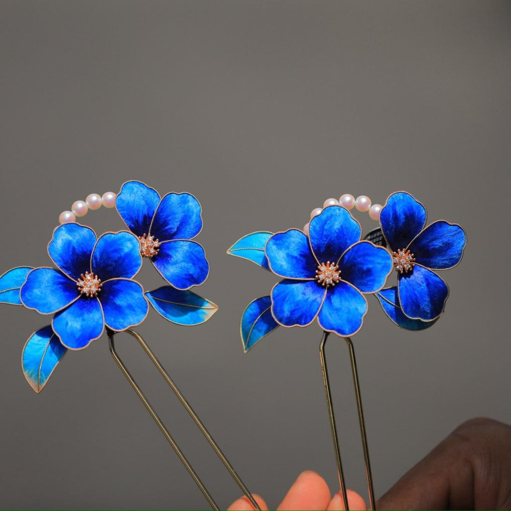 Premium Navy Blue Velvet Floral Hair Fork - Minimalist Artisan Jewelry for Sophisticated Daily Luxury