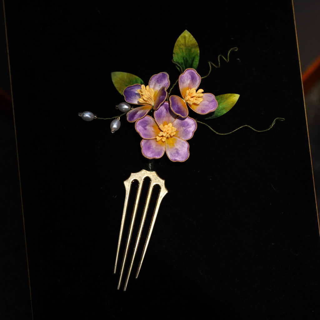 Handmade Silk Velvet "Purple Bloom" Hair Stick - Artisan Filigree Jewelry for Weddings