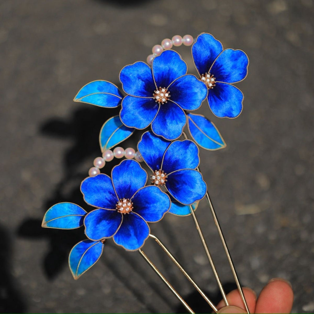 Premium Navy Blue Velvet Floral Hair Fork - Minimalist Artisan Jewelry for Sophisticated Daily Luxury