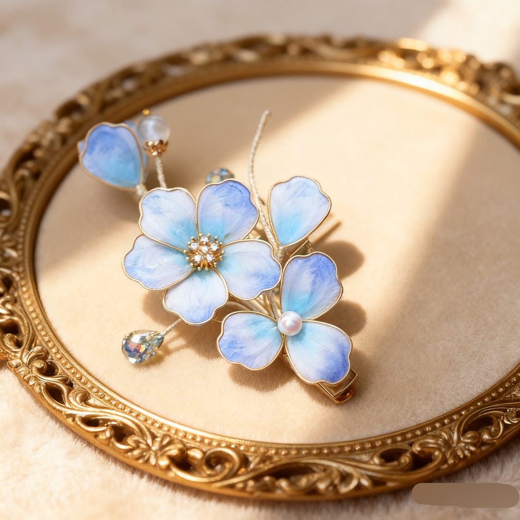 Handmade Pale Blue Mulberry Silk Velvet Hair Stick - Artisan Heritage Craft for Bridal "Something Blue"