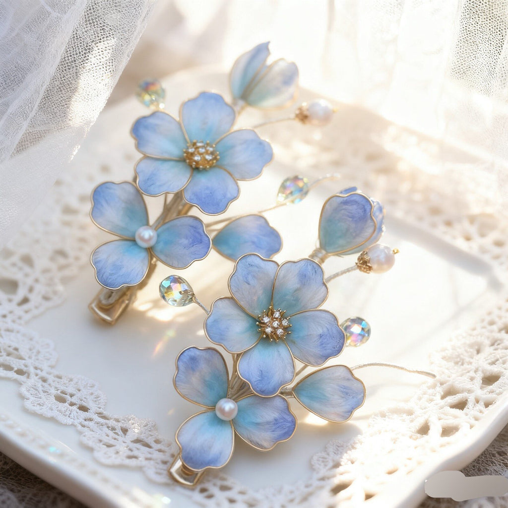 Handmade Pale Blue Mulberry Silk Velvet Hair Stick - Artisan Heritage Craft for Bridal "Something Blue"