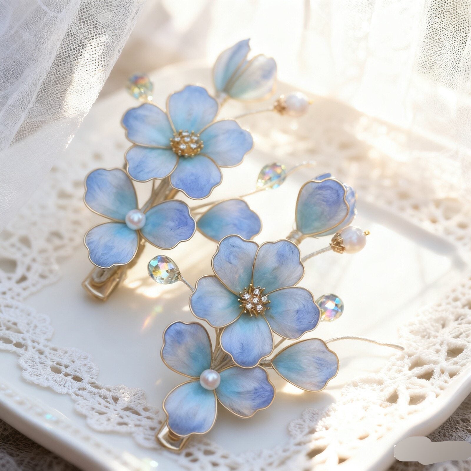 Handmade Pale Blue Mulberry Silk Velvet Hair Stick - Artisan Heritage Craft for Bridal "Something Blue"
