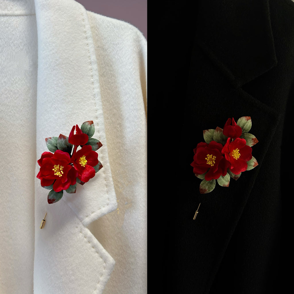 Handmade Silk Velvet Camellia Brooch - Artisan Floral Pin for Luxury Coats & Blazers