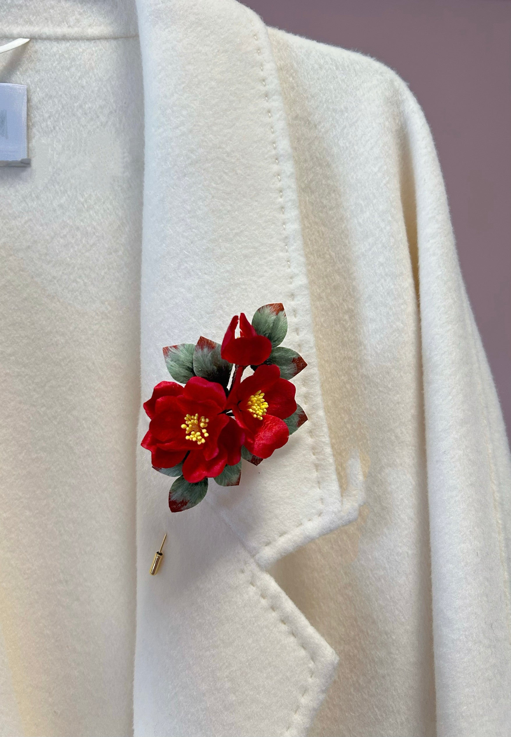 Handmade Silk Velvet Camellia Brooch - Artisan Floral Pin for Luxury Coats & Blazers