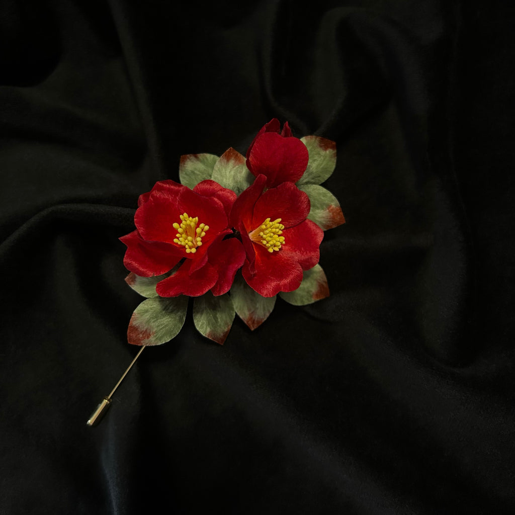 Handmade Silk Velvet Camellia Brooch - Artisan Floral Pin for Luxury Coats & Blazers