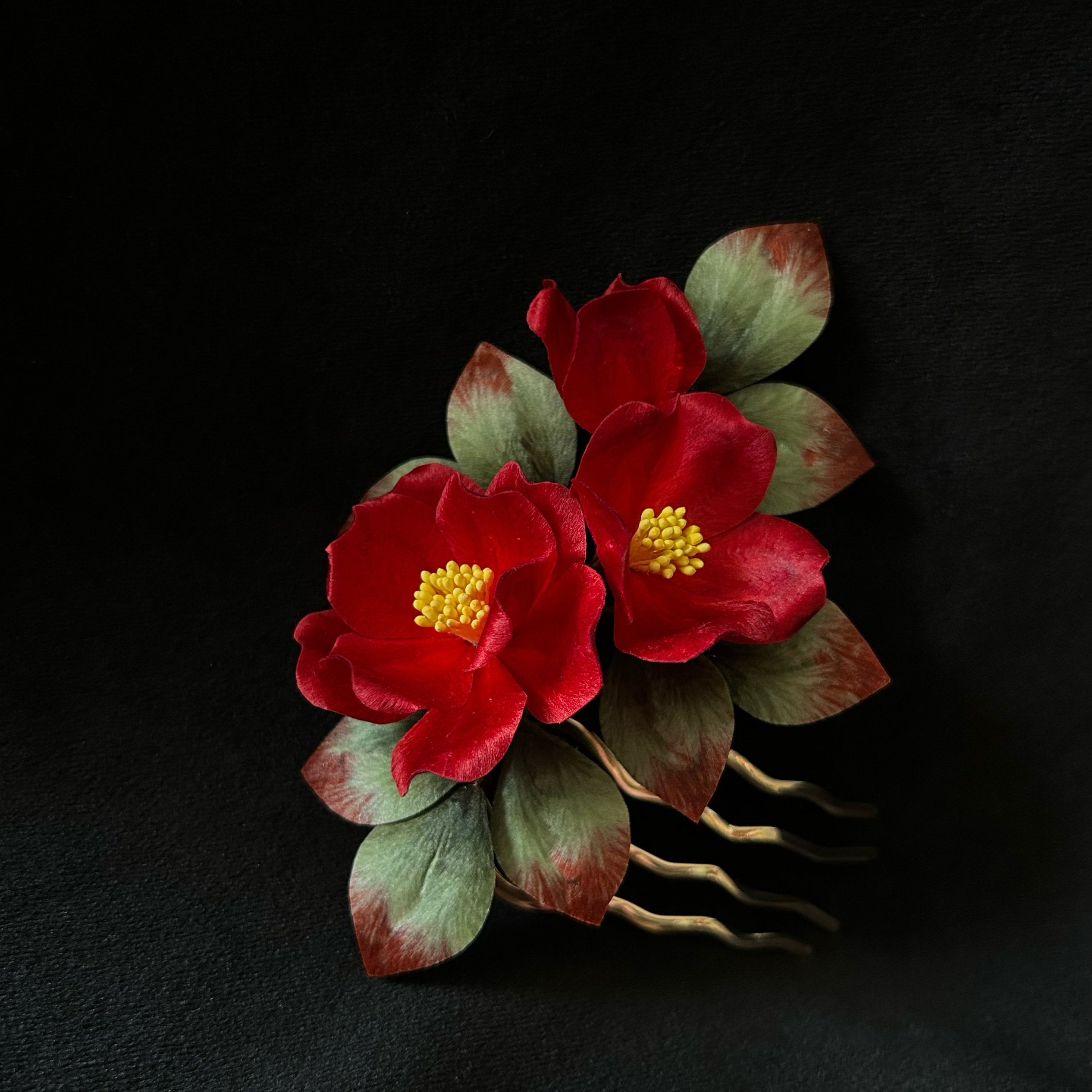 Handmade Silk Velvet Camellia Brooch - Artisan Floral Pin for Luxury Coats & Blazers