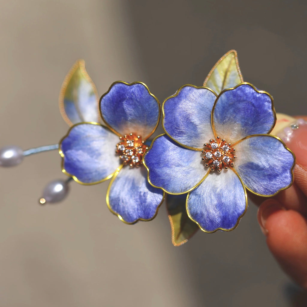 Handmade Violet Blue Mulberry Silk Velvet Hair Stick - Heritage Craft, Elegant Floral Pin for Daily Luxury