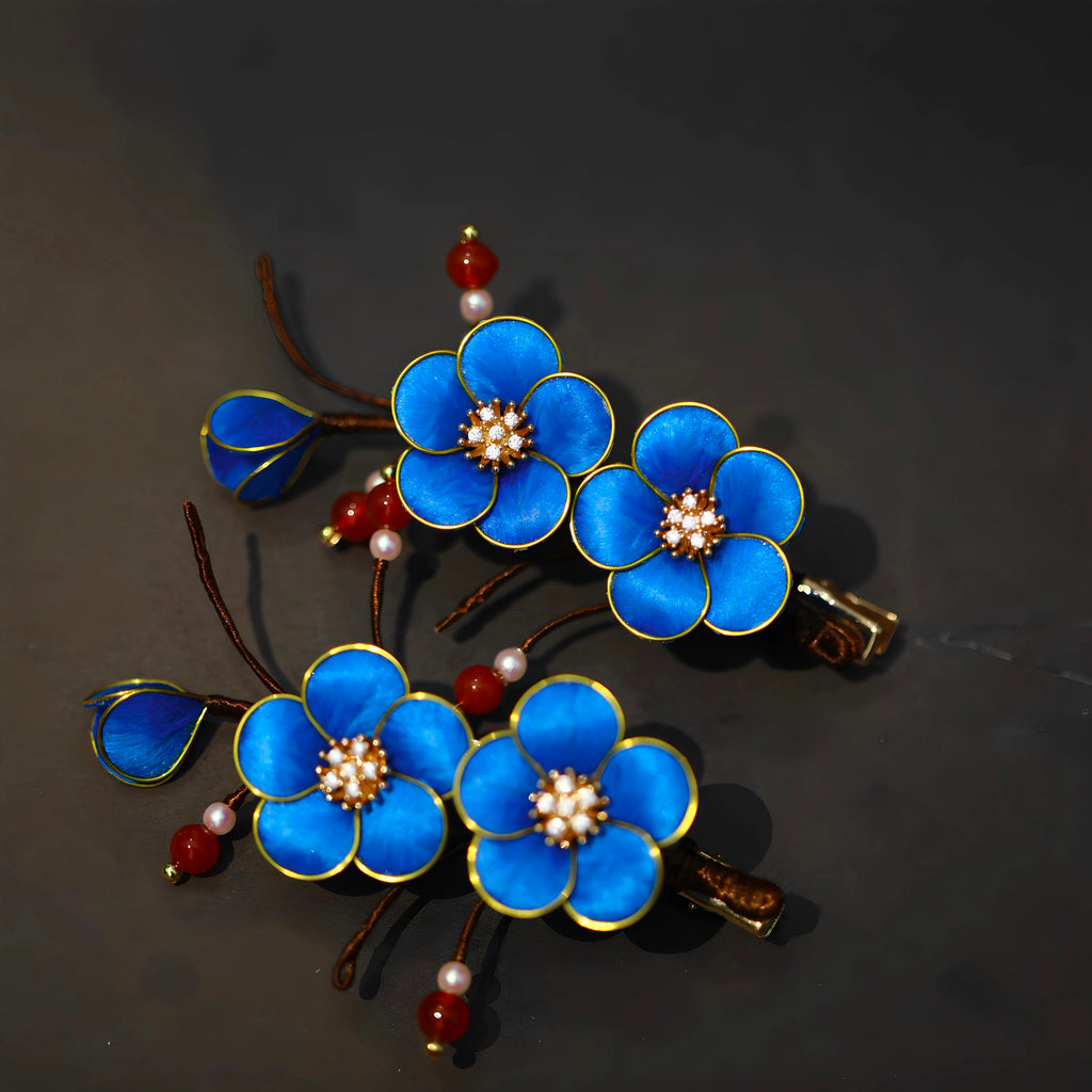 Handcrafted Heirloom Silk Hairclip - Royal Blue Floral Artistry for Cultural Galas & Festivals
