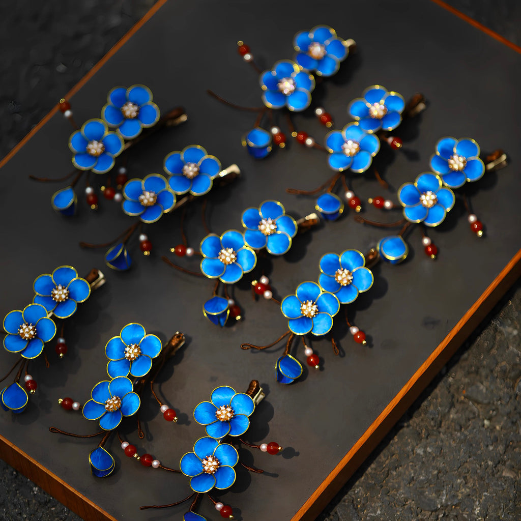 Handcrafted Heirloom Silk Hairclip - Royal Blue Floral Artistry for Cultural Galas & Festivals