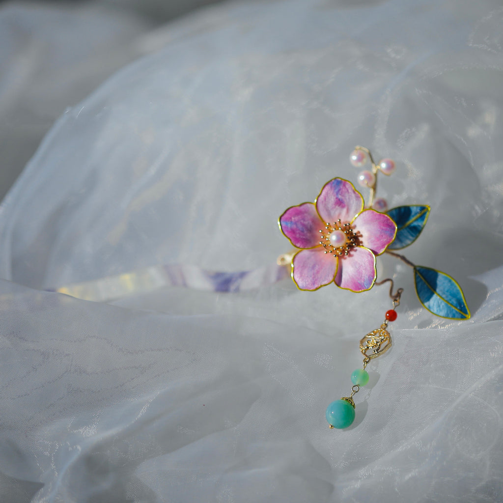 Vintage Peach Blossom Dangle Hairpin - Tassel Heritage Accessory for Tea Parties & Prom