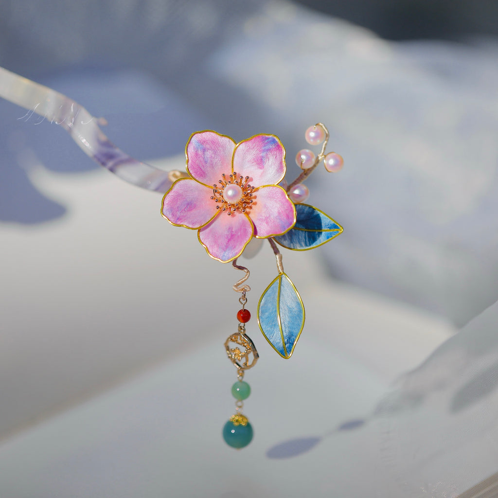 Vintage Peach Blossom Dangle Hairpin - Tassel Heritage Accessory for Tea Parties & Prom