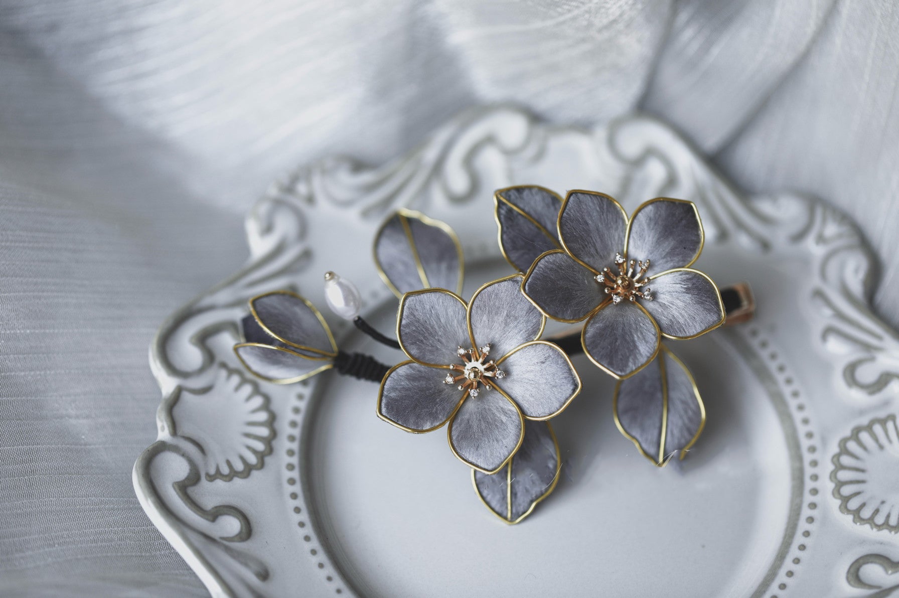 Ink Wash Aesthetic Silk Floral Barrette - Lightweight Heritage Craft for Tea Parties & Prom