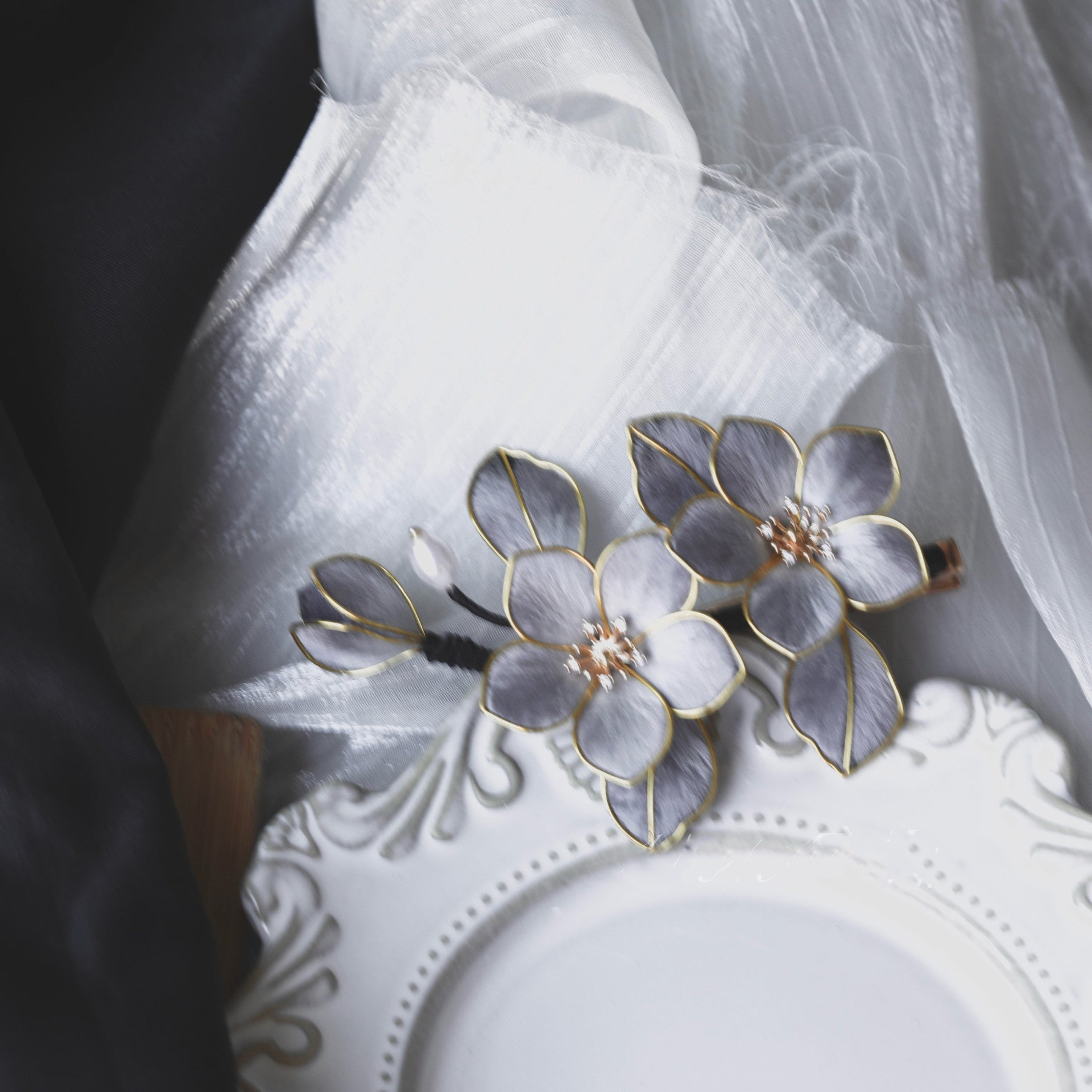 Ink Wash Aesthetic Silk Floral Barrette - Lightweight Heritage Craft for Tea Parties & Prom
