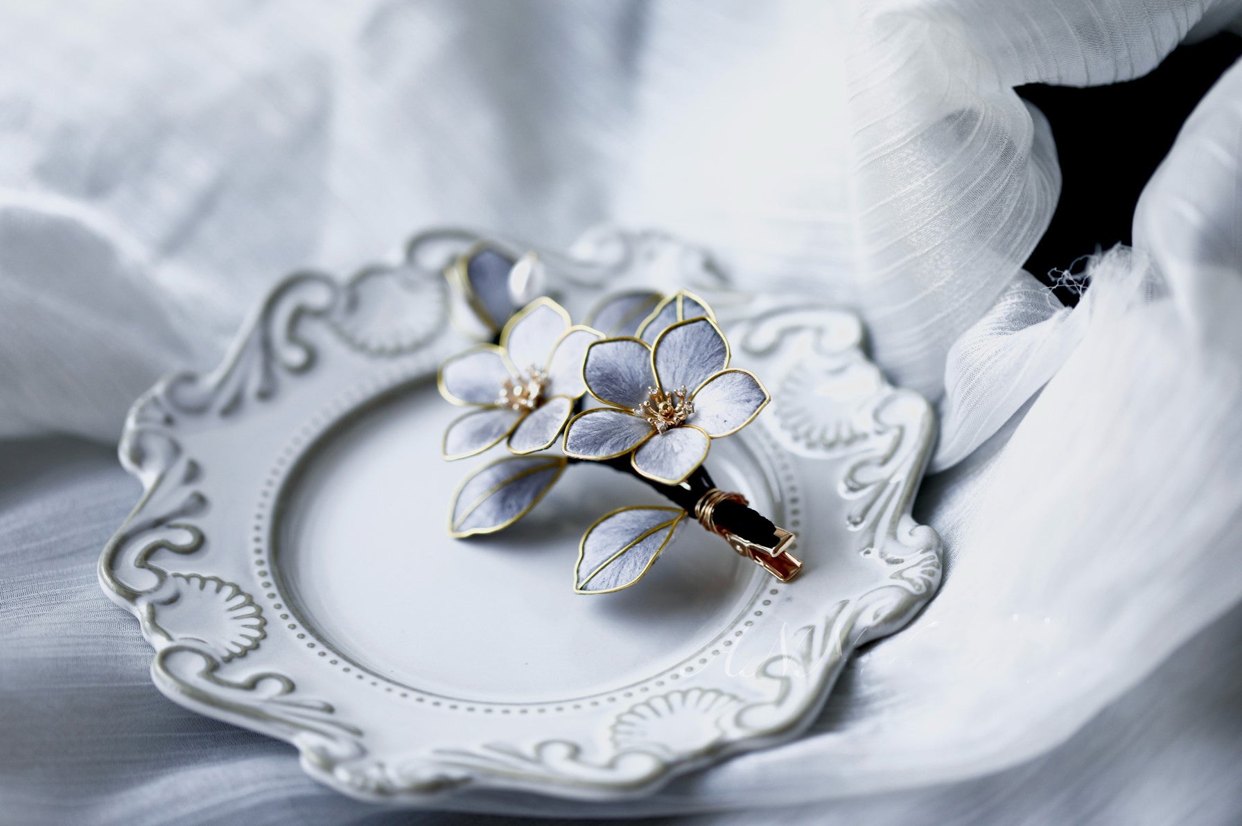 Ink Wash Aesthetic Silk Floral Barrette - Lightweight Heritage Craft for Tea Parties & Prom