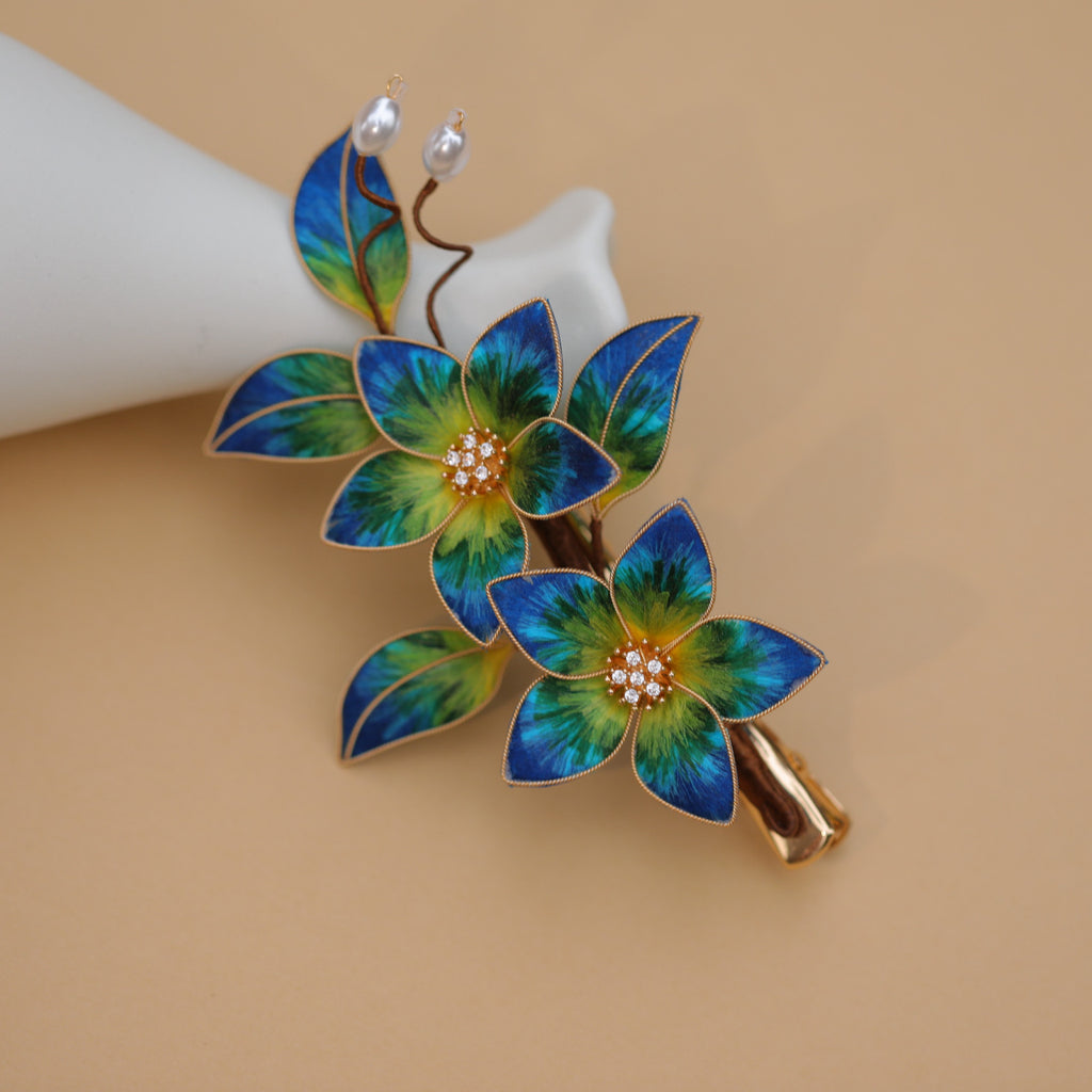 Handmade Silk Velvet Flower Hair Stick - "A Thousand Li of Mountains" Landscape Art, Regal Bridal Accessory