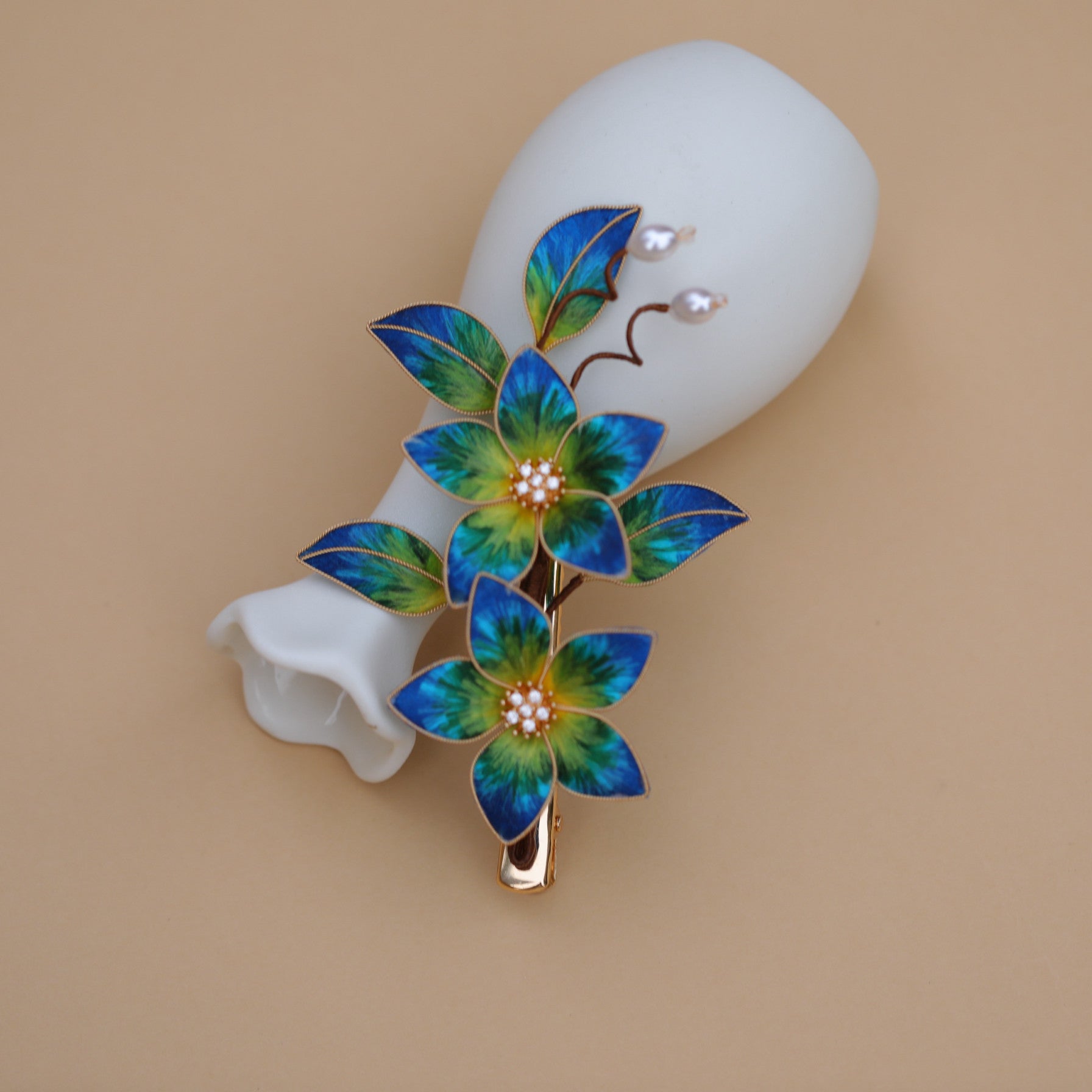 Handmade Silk Velvet Flower Hair Stick - "A Thousand Li of Mountains" Landscape Art, Regal Bridal Accessory