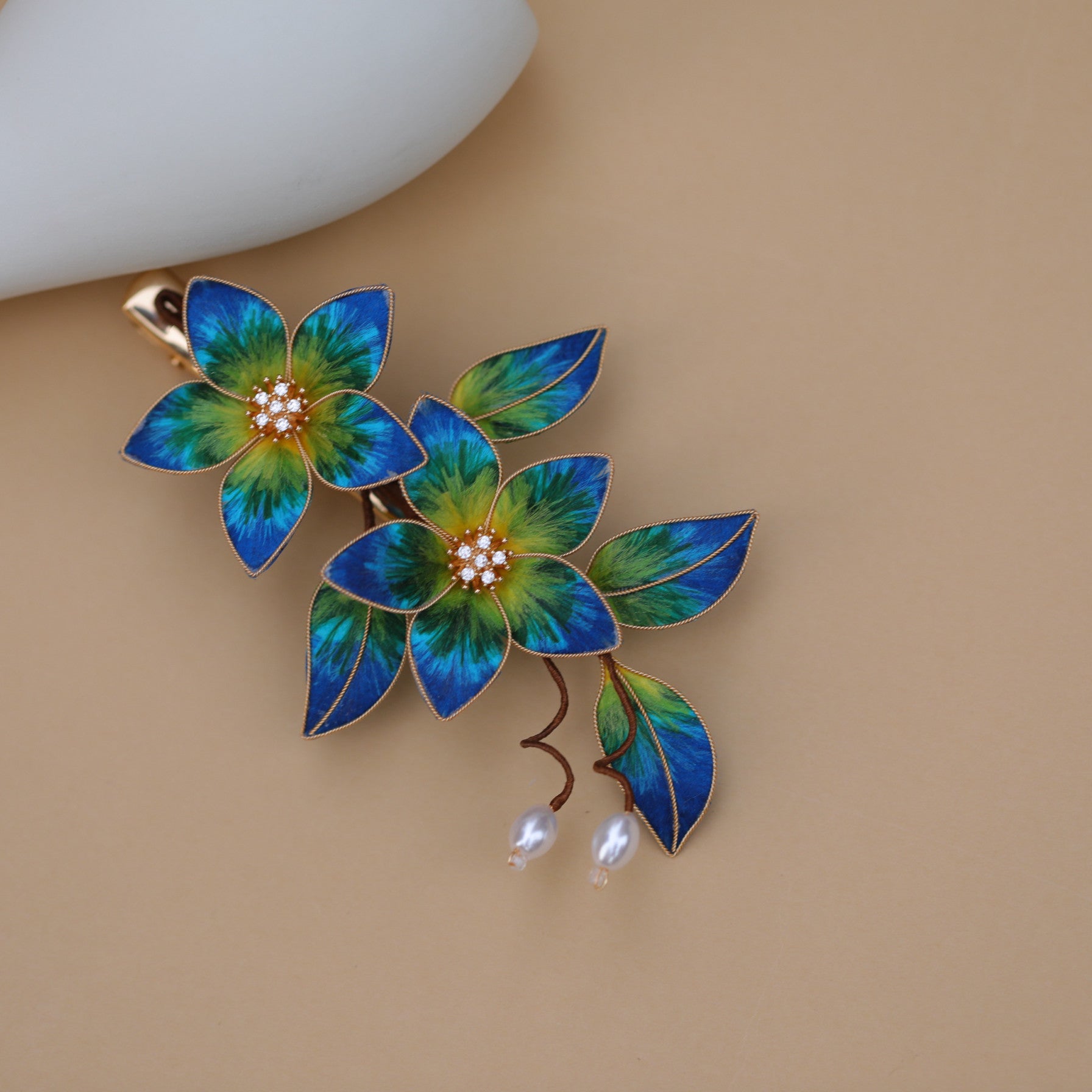 Handmade Silk Velvet Flower Hair Stick - "A Thousand Li of Mountains" Landscape Art, Regal Bridal Accessory