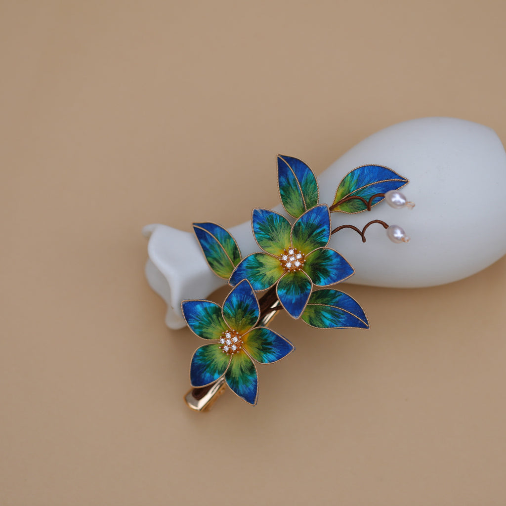 Handmade Silk Velvet Flower Hair Stick - "A Thousand Li of Mountains" Landscape Art, Regal Bridal Accessory