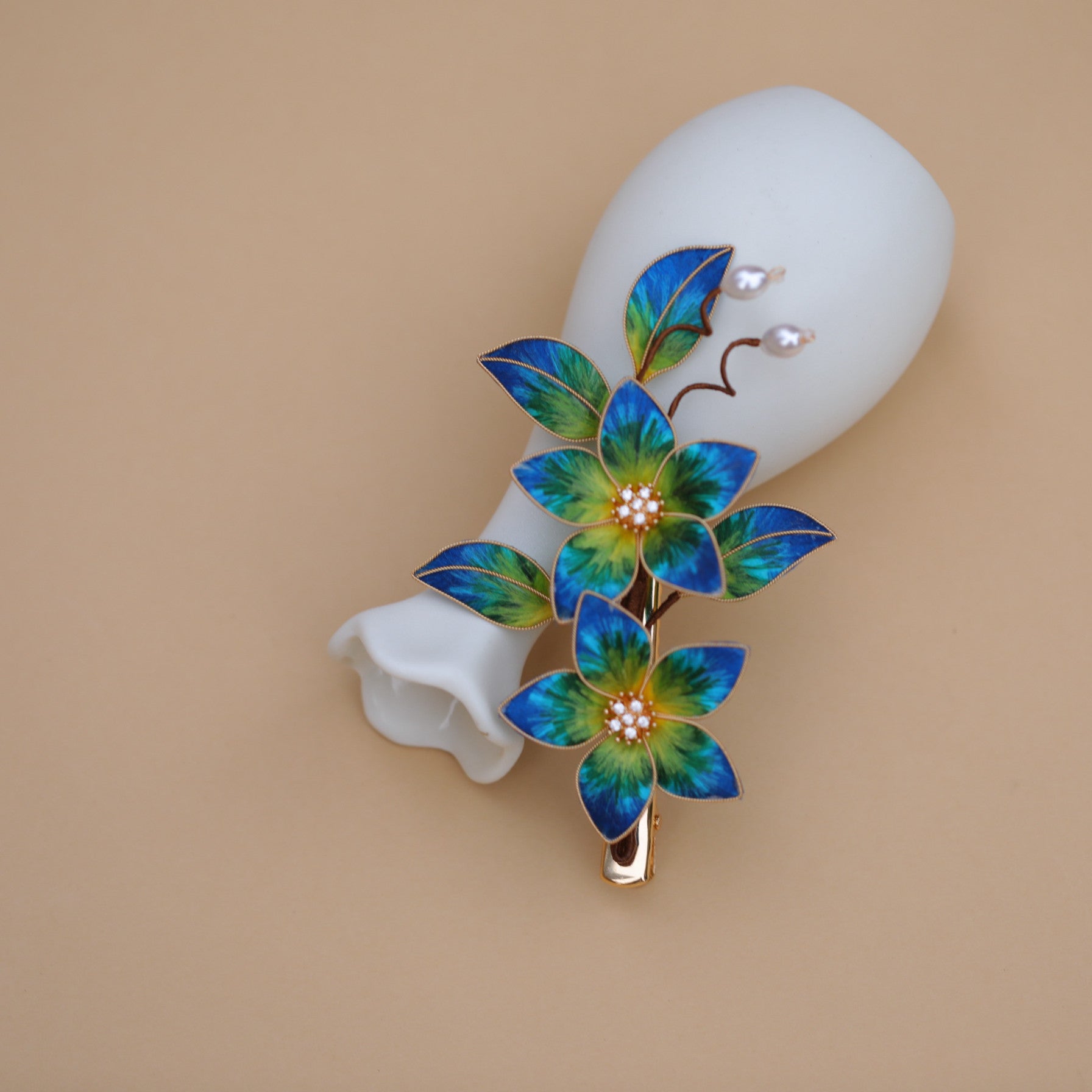Handmade Silk Velvet Flower Hair Stick - "A Thousand Li of Mountains" Landscape Art, Regal Bridal Accessory