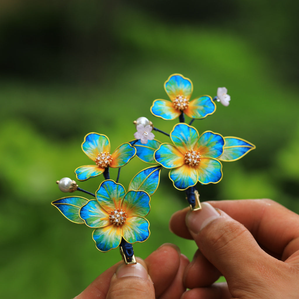 Handmade Silk Velvet Flower Hair Stick - "A Thousand Li of Mountains" Landscape Art, Regal Bridal Accessory