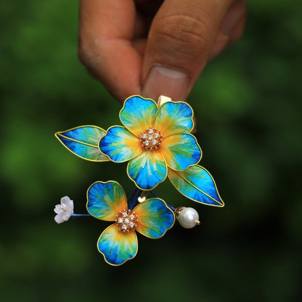 Handmade Silk Velvet Flower Hair Stick - "A Thousand Li of Mountains" Landscape Art, Regal Bridal Accessory