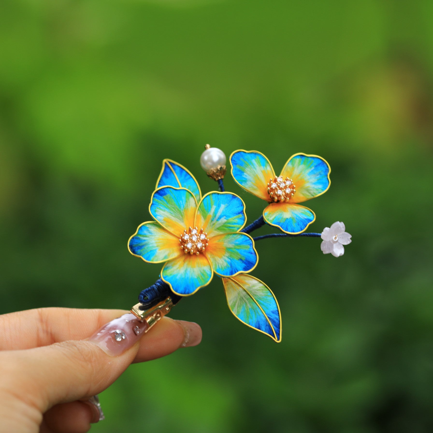 Handmade Silk Velvet Flower Hair Stick - "A Thousand Li of Mountains" Landscape Art, Regal Bridal Accessory