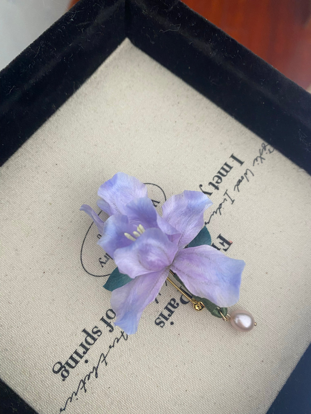 Handmade Silk Velvet Iris Brooch - Ethereal Purple Flower Pin for Coats & Blazers