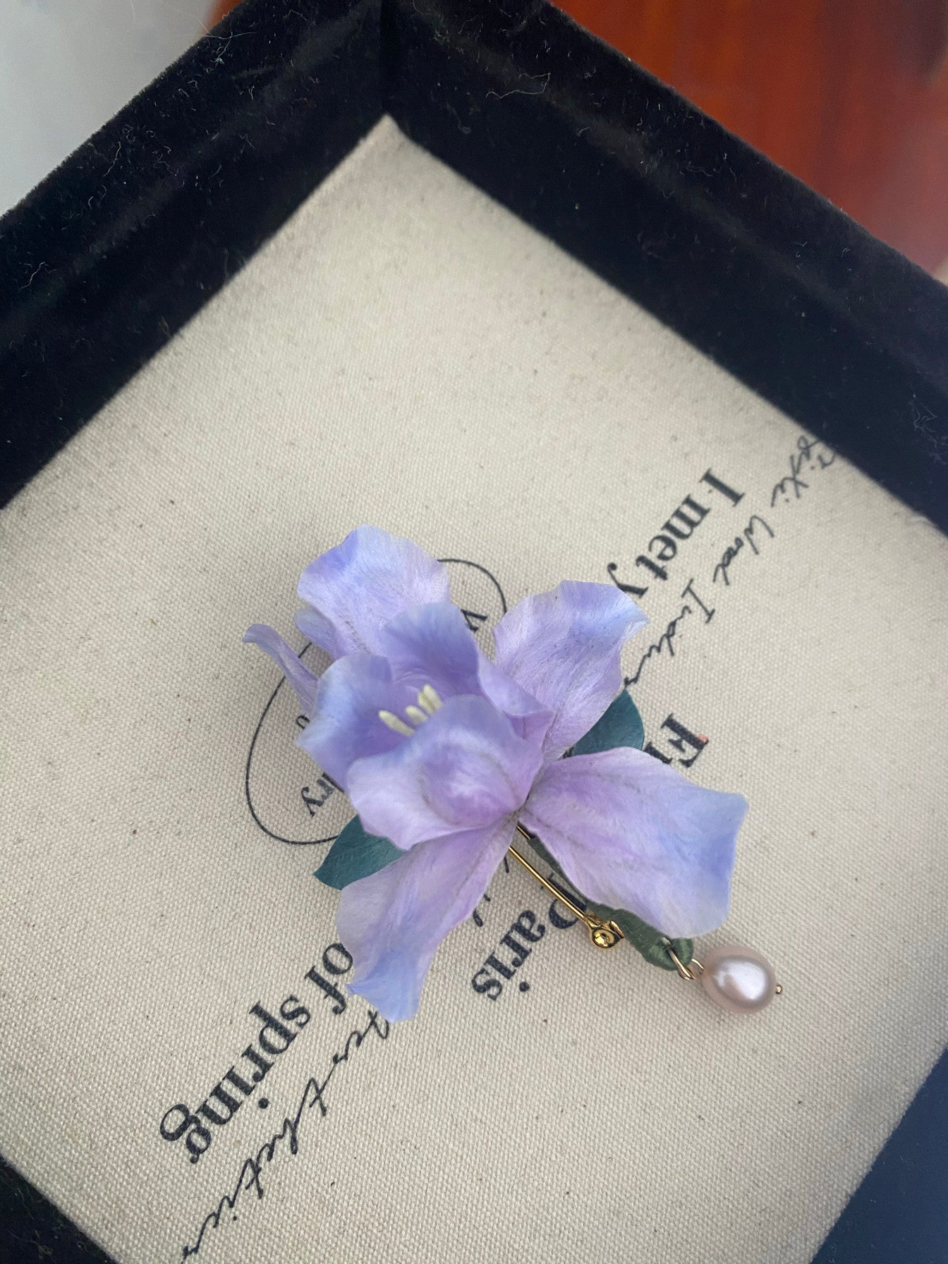 Handmade Silk Velvet Iris Brooch - Ethereal Purple Flower Pin for Coats & Blazers