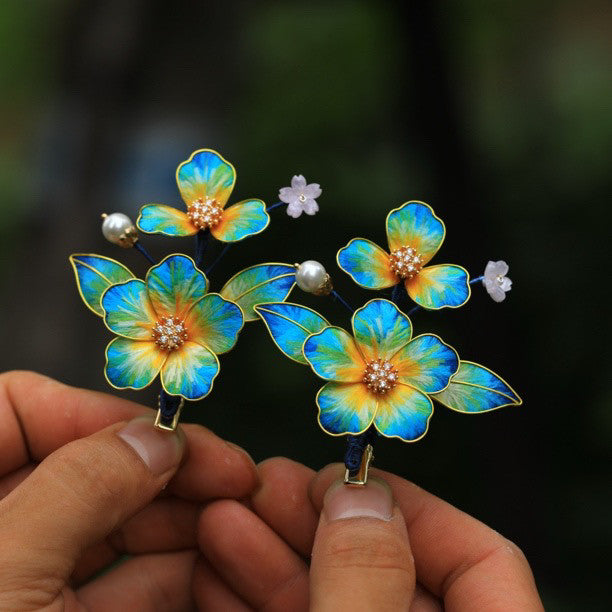 Handmade Silk Velvet Flower Hair Stick - "A Thousand Li of Mountains" Landscape Art, Regal Bridal Accessory