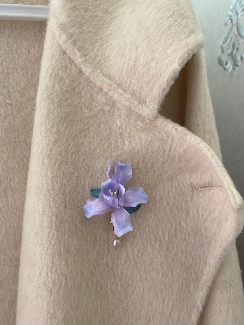 Handmade Silk Velvet Iris Brooch - Ethereal Purple Flower Pin for Coats & Blazers
