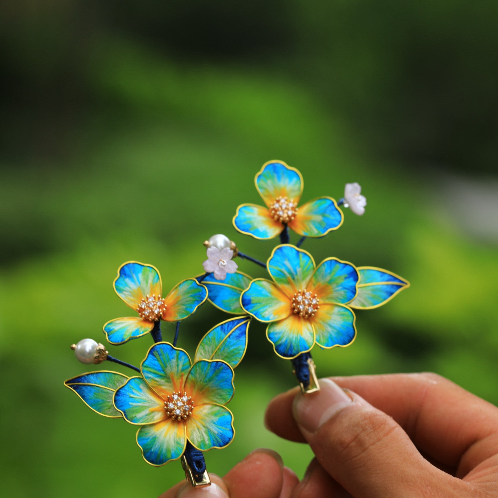 Handmade Silk Velvet Flower Hair Stick - "A Thousand Li of Mountains" Landscape Art, Regal Bridal Accessory