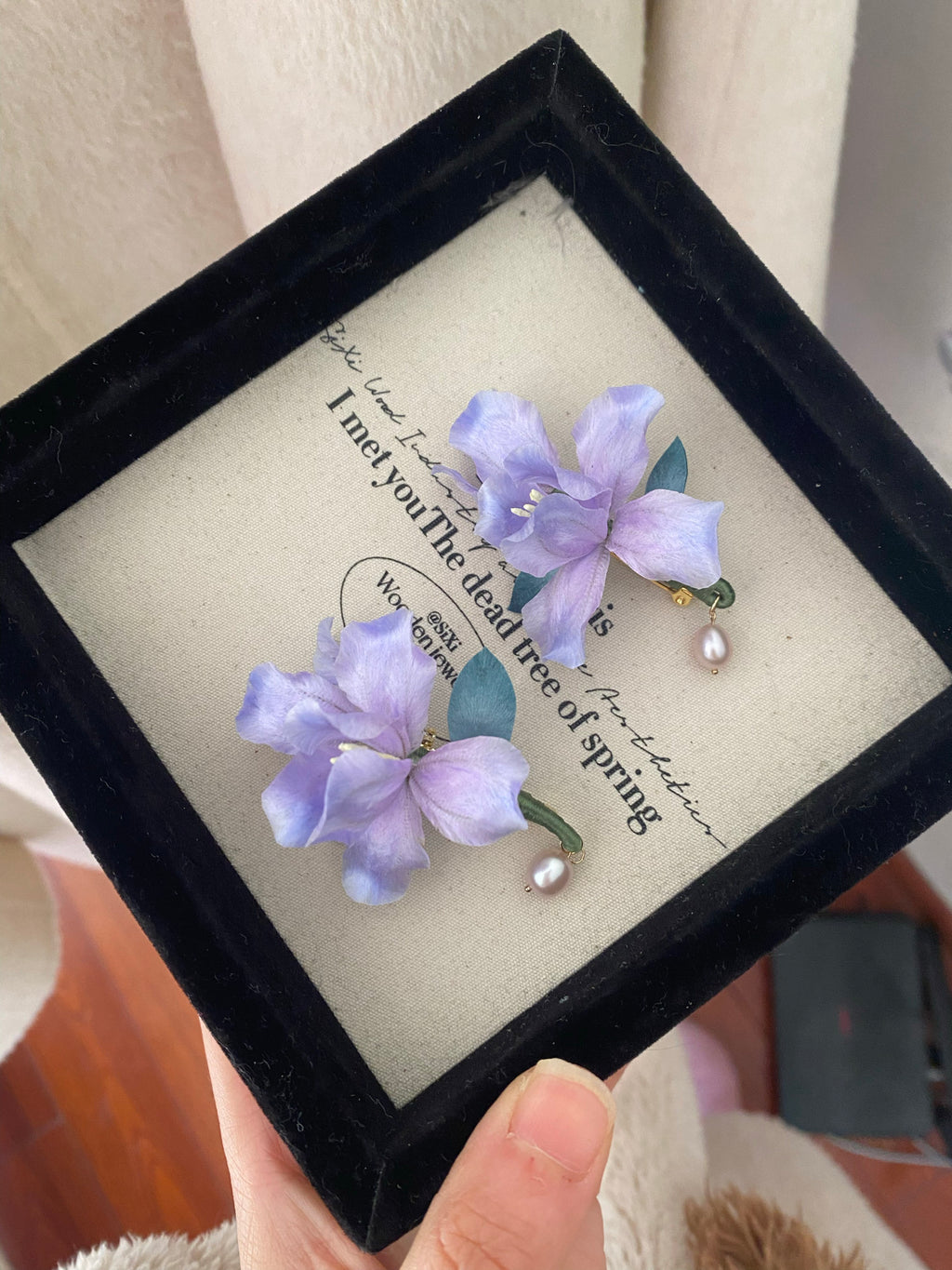 Handmade Silk Velvet Iris Brooch - Ethereal Purple Flower Pin for Coats & Blazers