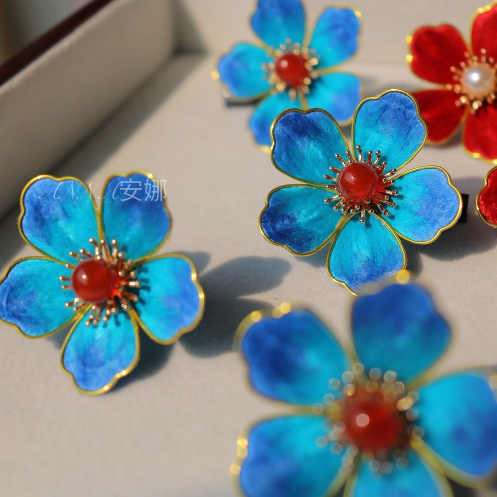 Exquisite Cloisonné Floral Studs - Designer Silk Velvet Peony for Bridal & Bridesmaid Gifts